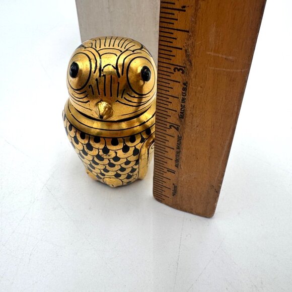Vintage Hand Painted Burmese Gold & Black Lacquerware Owl Trinket Boxes delicate - Picture 11 of 12